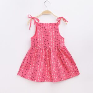 Girls Sleeveless Floral Pink Dress with Tie Straps
