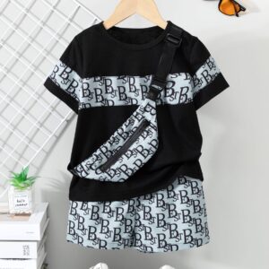 kids printed 3 piece summer outfit set with bag