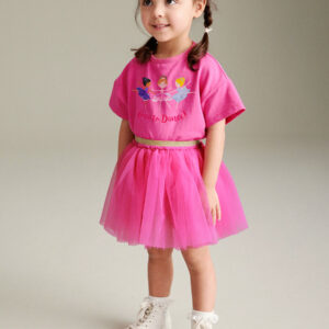 pink ballet print tulle skirt set for girls