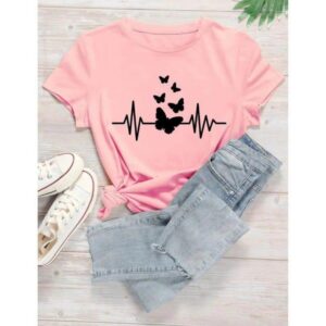pink butterfly heartbeat printed women t shirt medium to xl