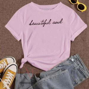 women pink printed t shirt with "beautiful soul" design