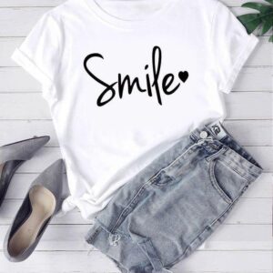 women white printed t shirt with "smile" design