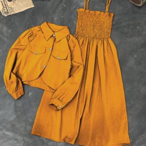 kaaj button coati with gazzer romper frock 2 piece set
