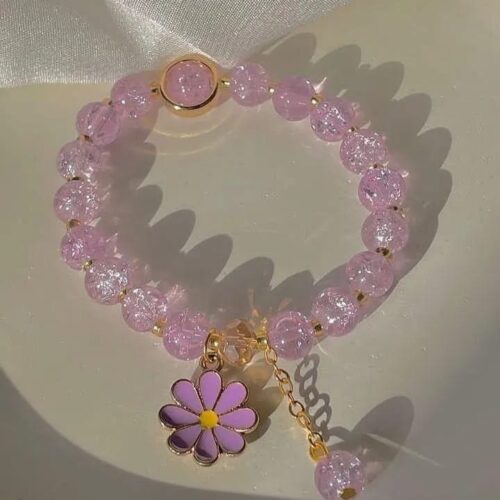 pink crystal flower charm bracelet for women