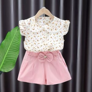 kids floral bow shorts top set for girls summer wear