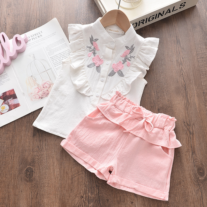 Girls Embroidered Sleeveless Shirt & Shorts Set Pink Girls Embroidered Sleeveless Shirt & Shorts Set Pink