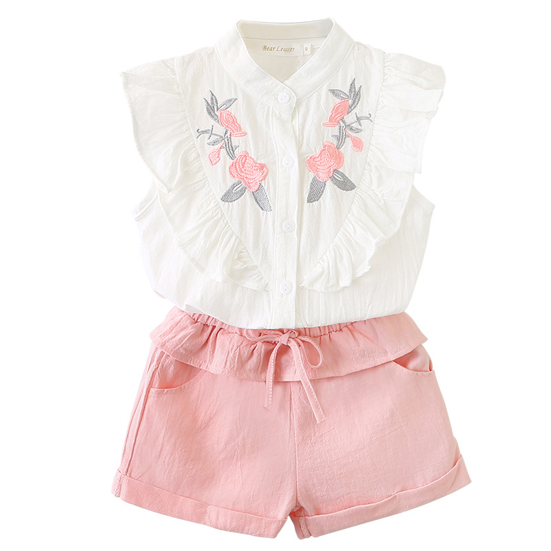Girls Embroidered Sleeveless Shirt & Shorts Set Pink Girls Embroidered Sleeveless Shirt & Shorts Set Pink