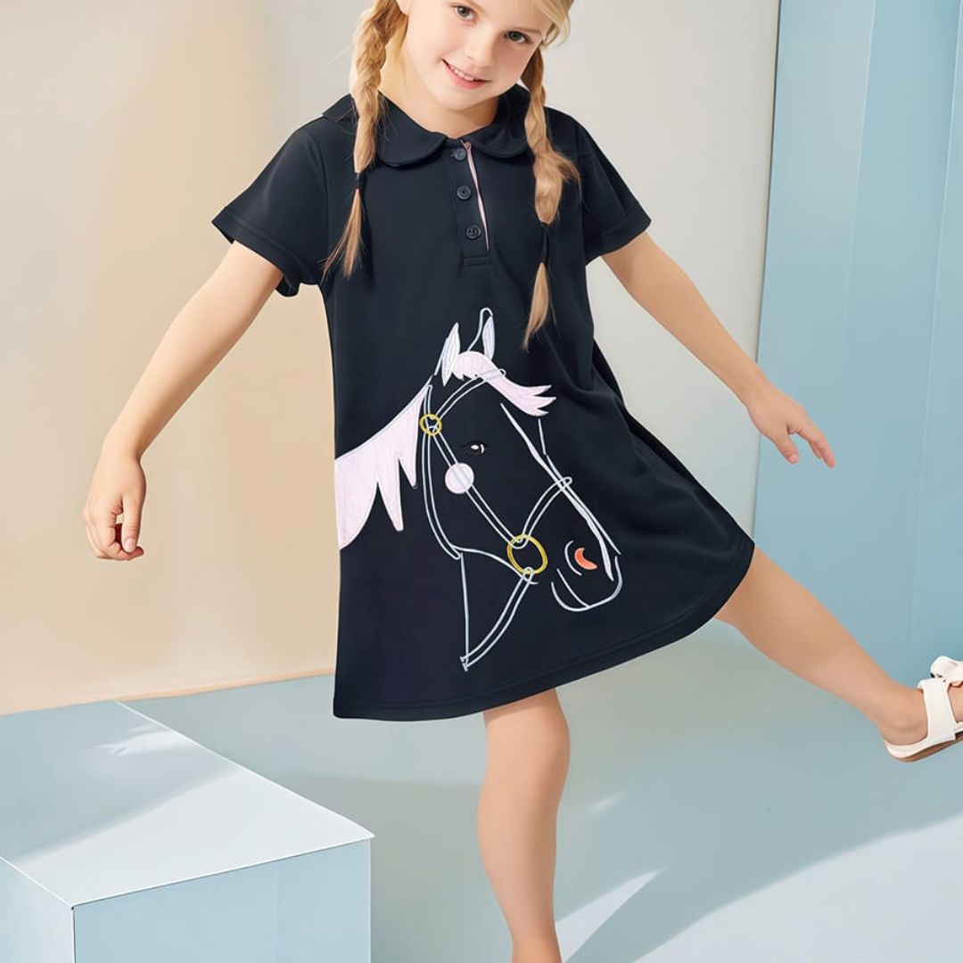 Kids Polo Dress Black Horse Print Summer Wear for Girls | Trendy Baby Girls Dress | Premium Kids Clothing Pakistan | Maria Finds Store