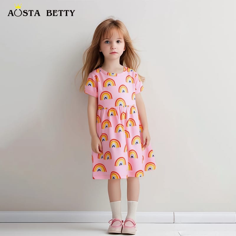 Pink Rainbow Print Girls Summer Dress Pink Rainbow Print Girls Summer Dress | Trendy Baby Girls Kids Clothing Pakistan | Premium Quality | Maria Finds Store