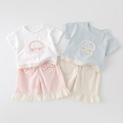 Girls Cotton Suit Set with Basket Embroidery & Lace Trim