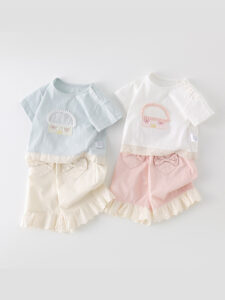 Girls Cotton Suit Set with Basket Embroidery & Lace Trim
