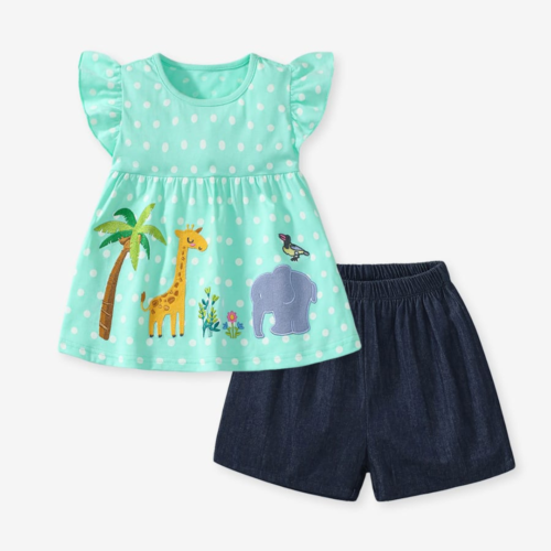 Mint Green Jungle Embroidery 2-Piece Kids Summer Set | Trendy Kids Clothing Pakistan | Maria Finds Store