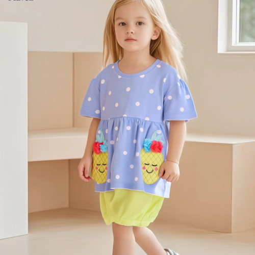 Kids Summer Suit Blue Yellow Polka Dot Pineapple Baby Dress | Trendy Kids Clothing Pakistan | Maria Finds Store