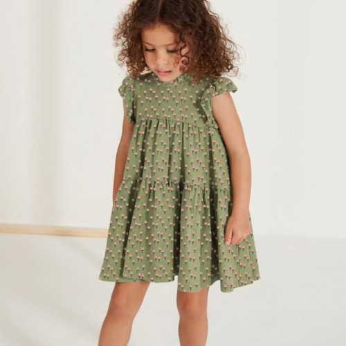 Girls Floral Green Dress with Ruffled Sleeves & Tiered Skirt | Trendy Kids Clothing | Maria Finds Store Pakistan