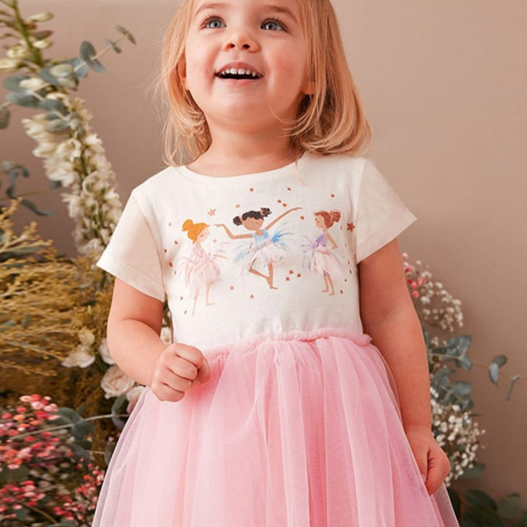 Fairy Print Pink Tulle Skirt Dress for Girls Fairy Print Pink Tulle Skirt Dress for Girls | Trendy Baby Dress | Kids Clothing Pakistan | Maria Finds Store
