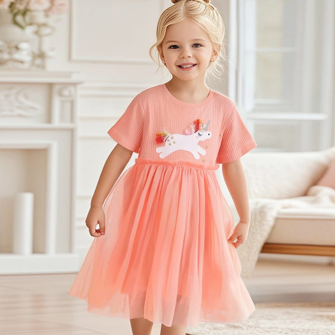 Little Girl Unicorn Tulle Dress Peach Summer Wear Little Girl Unicorn Tulle Dress Peach Summer Wear | Trendy Girls Baby Dress | Kids Clothing Pakistan | Maria Finds Store
