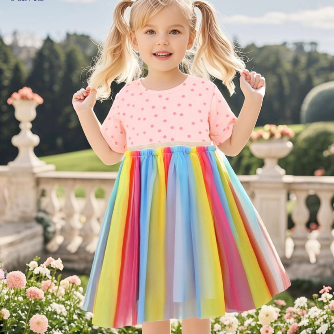 Rainbow Mesh Skirt Dress for Little Girl Summer Play Rainbow Mesh Skirt Dress for Little Girls | Trendy Baby Dress & Kids Clothing Pakistan | Maria Finds Store