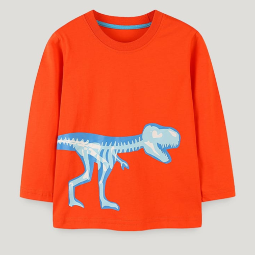 Kids Boys Red Dinosaur Long Sleeve Cotton T-Shirt Autumn | Trendy Baby Boys Clothing Pakistan | Premium Kids Wear | Maria Finds Store