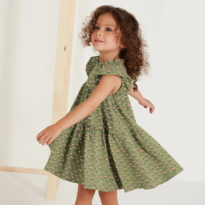 Girls Floral Green Dress with Ruffled Sleeves & Tiered Skirt | Trendy Kids Clothing | Maria Finds Store Pakistan