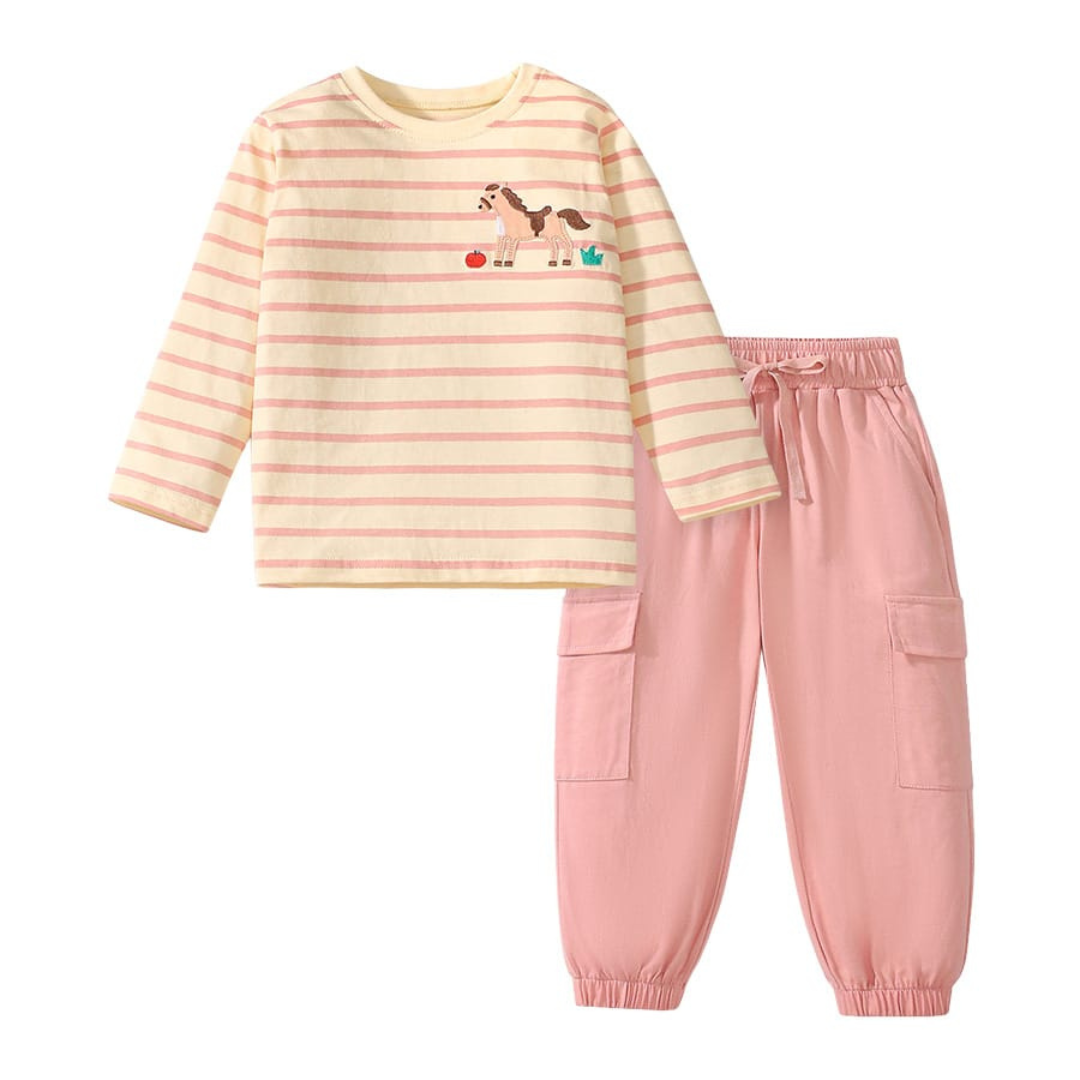 Long Sleeve Horse Embroidery Cotton Suit for Kids Pink Long Sleeve Horse Embroidery Cotton Baby Dress for Girls Pink | Trendy Kids Clothing Pakistan | Maria Finds Store