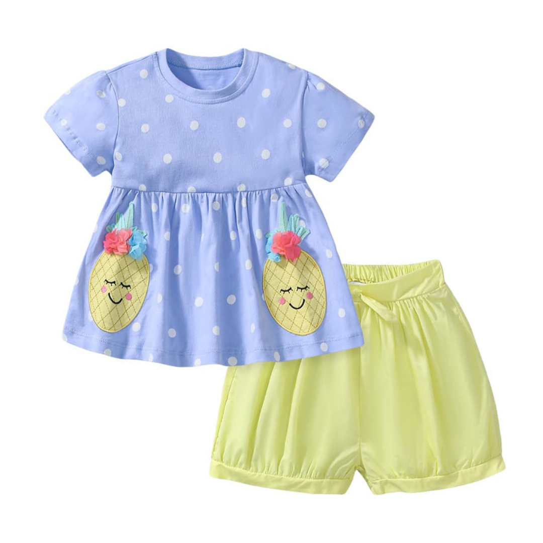 Kids Summer Suit Blue Yellow Polka Dot Pineapple Kids Summer Suit Blue Yellow Polka Dot Pineapple Baby Dress | Trendy Kids Clothing Pakistan | Maria Finds Store