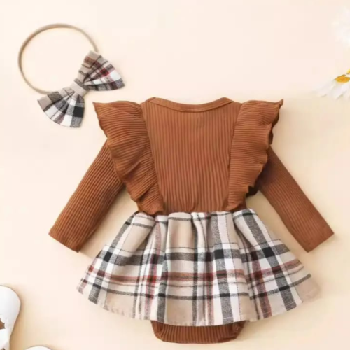 Newborn Baby Girl Brown Plaid Crawling Suit with Headband Set, Trendy Baby Dress, Kids Clothing Pakistan | Maria Finds Store