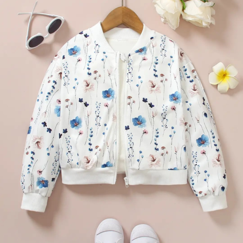 Shop the Best Quality Kids Dresses at Maria Finds Store Kids Floral Zipper Jacket in White and Blue for Girls, Trendy Summer Kids Clothing Pakistan | Maria Finds Store