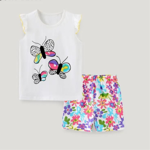 Kids Butterfly Printed Cotton Suit with White Floral Shorts for Boys & Girls | Trendy Baby Dress | Maria Finds Store Pakistan