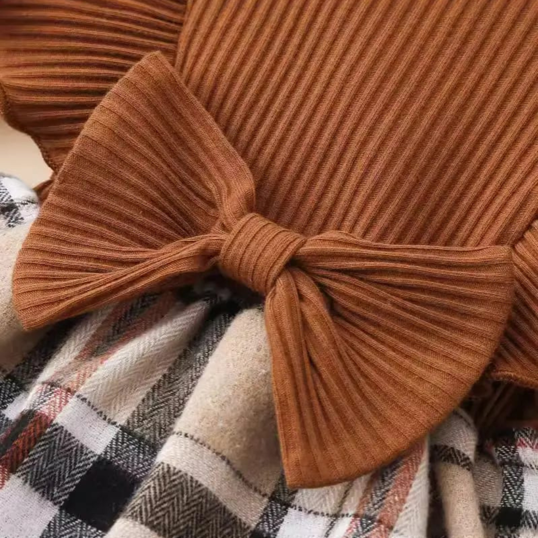Newborn Crawling Suit Brown Plaid Headband Set Newborn Baby Girl Brown Plaid Crawling Suit with Headband Set, Trendy Baby Dress, Kids Clothing Pakistan | Maria Finds Store