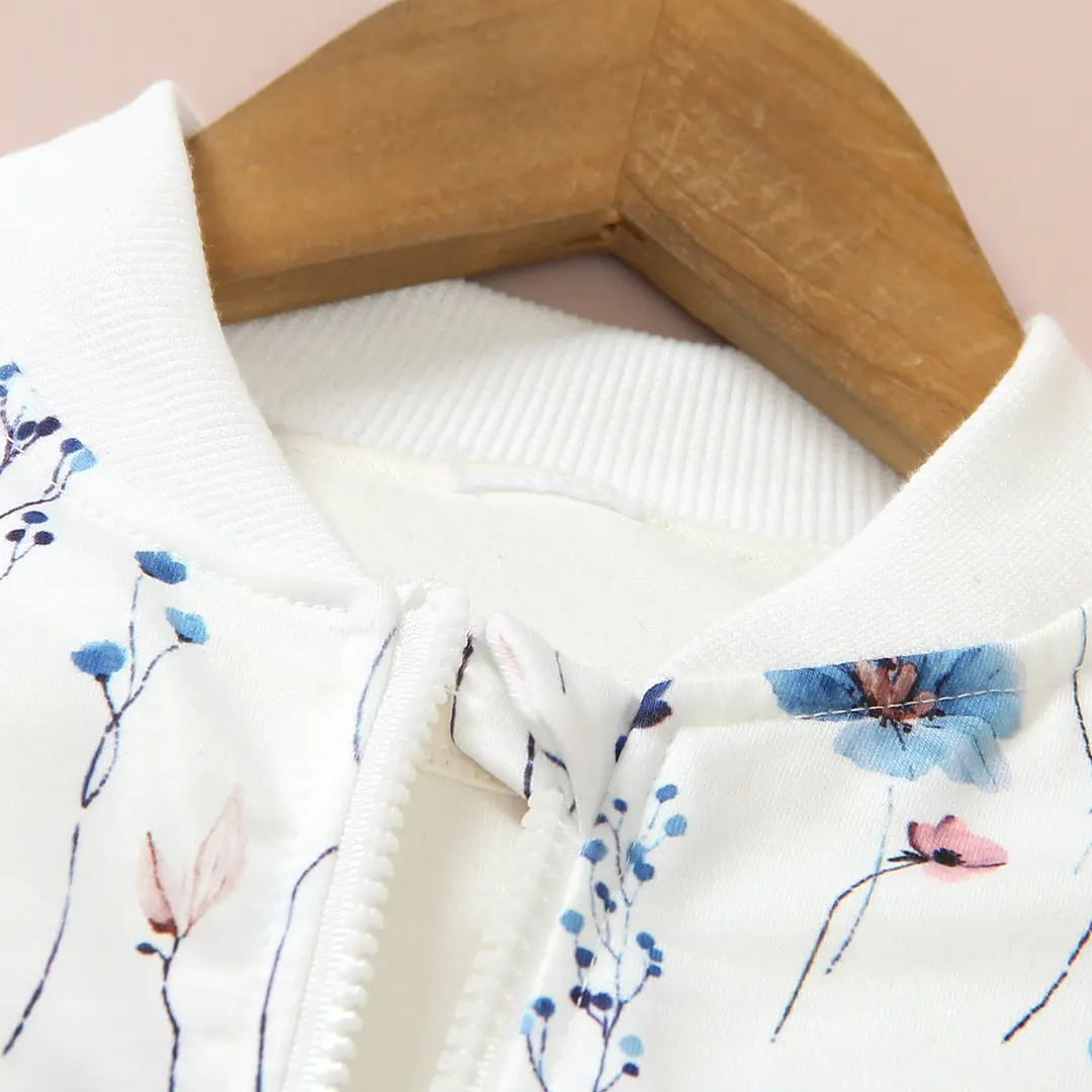 Kids Floral Zipper Jacket White Blue Summer Wear Kids Floral Zipper Jacket in White and Blue for Girls, Trendy Summer Kids Clothing Pakistan | Maria Finds Store