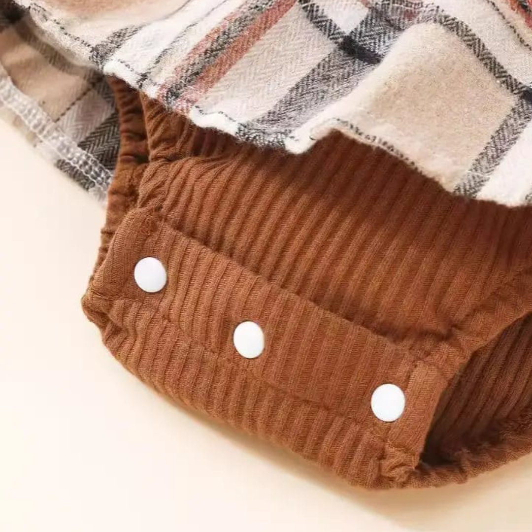 Newborn Crawling Suit Brown Plaid Headband Set Newborn Baby Girl Brown Plaid Crawling Suit with Headband Set, Trendy Baby Dress, Kids Clothing Pakistan | Maria Finds Store