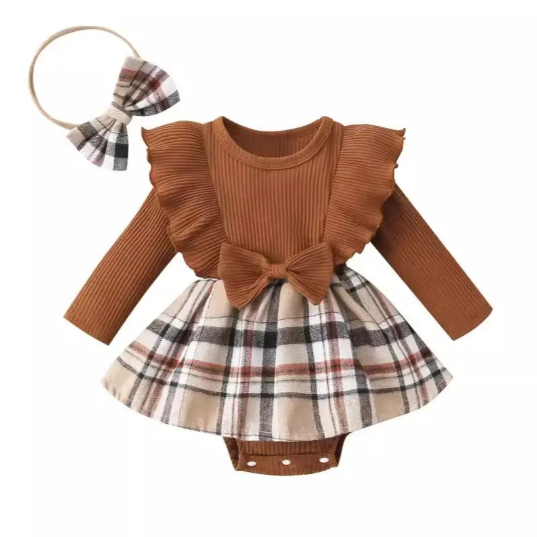 Newborn Crawling Suit Brown Plaid Headband Set Newborn Baby Girl Brown Plaid Crawling Suit with Headband Set, Trendy Baby Dress, Kids Clothing Pakistan | Maria Finds Store