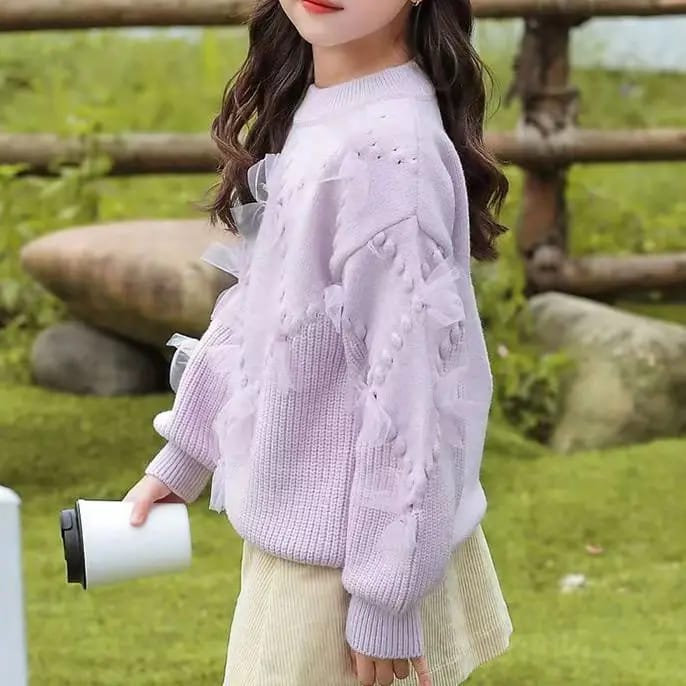 Girls Light Purple Bow Knitted Sweater Autumn Winter Girls Light Purple Bow Knitted Sweater for Autumn Winter, Trendy Baby Girl Dress Style, Kids Clothing Pakistan | Maria Finds Store
