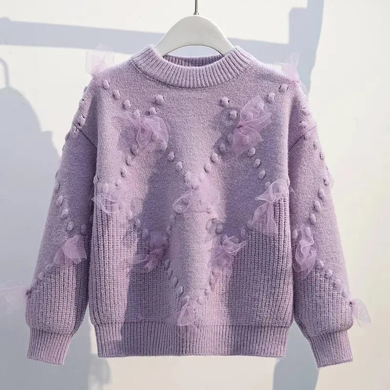 Girls Light Purple Bow Knitted Sweater Autumn Winter Girls Light Purple Bow Knitted Sweater for Autumn Winter, Trendy Baby Girl Dress Style, Kids Clothing Pakistan | Maria Finds Store