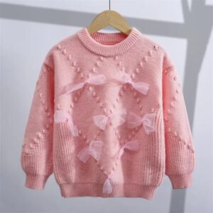 Girls Light Purple Bow Knitted Sweater Autumn Winter Girls Light Purple Bow Knitted Sweater for Autumn Winter, Trendy Baby Girl Dress Style, Kids Clothing Pakistan | Maria Finds Store