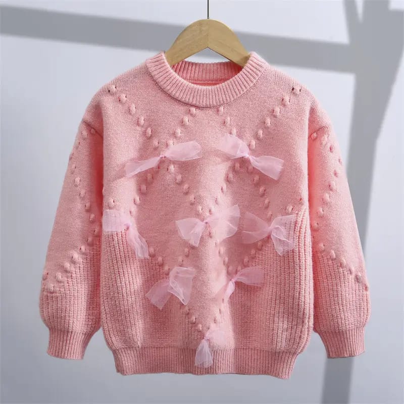 Girls Light Purple Bow Knitted Sweater Autumn Winter Girls Light Purple Bow Knitted Sweater for Autumn Winter, Trendy Baby Girl Dress Style, Kids Clothing Pakistan | Maria Finds Store