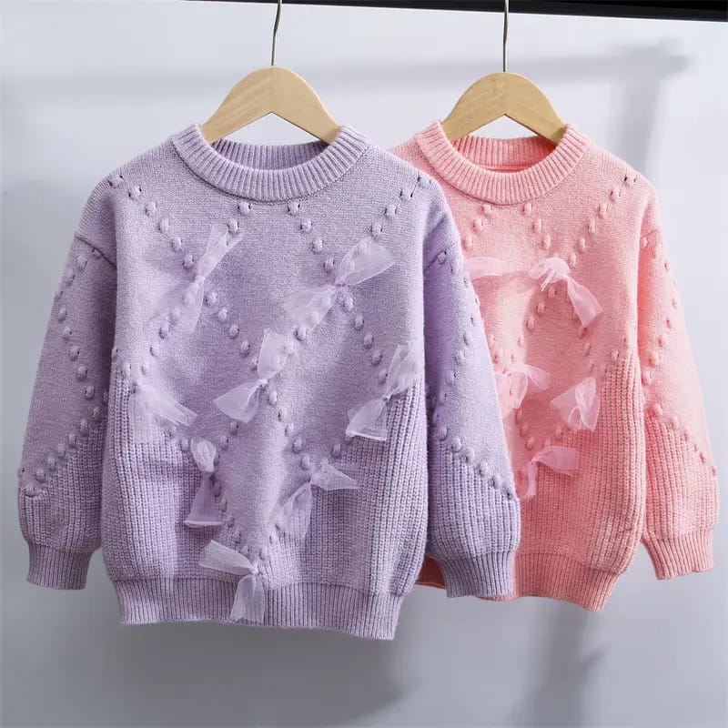 Girls Light Purple Bow Knitted Sweater Autumn Winter Girls Light Purple Bow Knitted Sweater for Autumn Winter, Trendy Baby Girl Dress Style, Kids Clothing Pakistan | Maria Finds Store