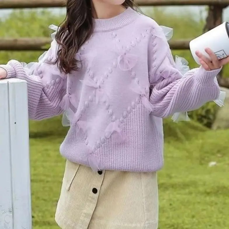 Girls Light Purple Bow Knitted Sweater Autumn Winter Girls Light Purple Bow Knitted Sweater for Autumn Winter, Trendy Baby Girl Dress Style, Kids Clothing Pakistan | Maria Finds Store