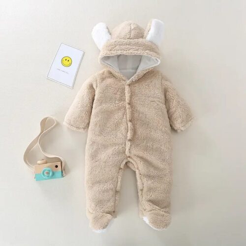 Baby Girls Pink Beige Fleece Bunny Hood Winter Climb Suit, Trendy Baby Dress | Kids Clothing Pakistan | Maria Finds Store