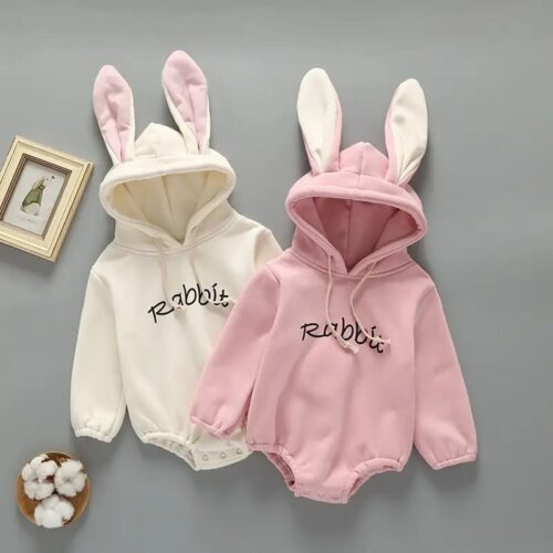 Shop the Best Quality Kids Dresses at Maria Finds Store Pink and White Rabbit Ears Hooded Baby Dress for Boys and Girls, Trendy Fleece Kids Clothing | Maria Finds Store Pakistan