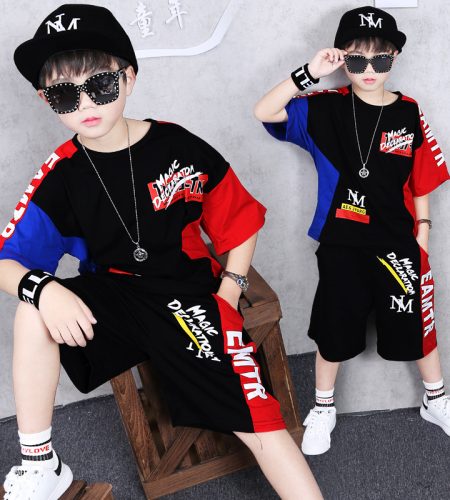 kids korean graphic shorts & tee set black red blue medium